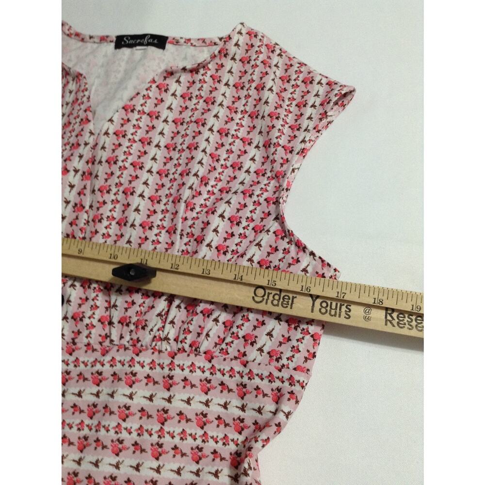 Sucrefas Pink Floral Rose Stripe Dress Large L Cap Sleeve Cottagecore Fit Flare - Picture 3 of 10